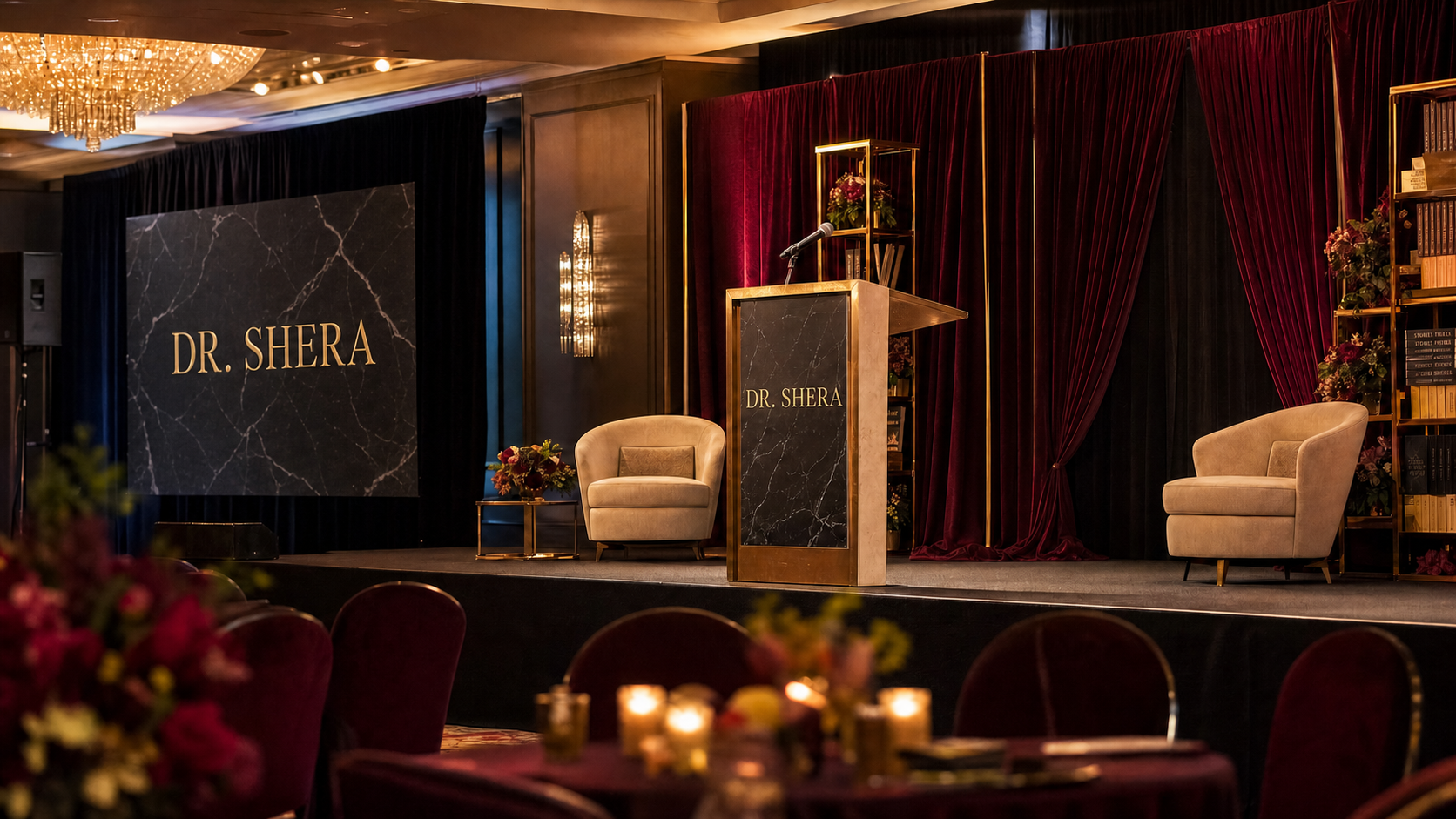 Dr. Shera event stage with podium and elegant setting